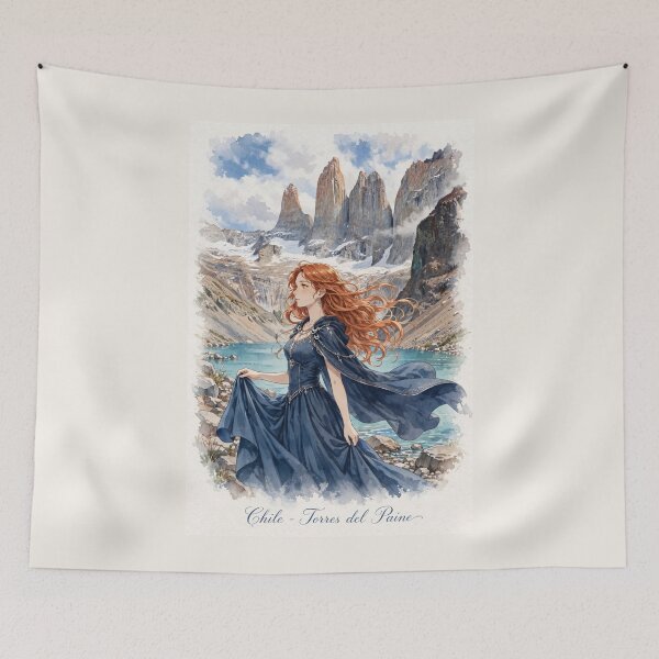 Item preview, Chile Torres del Paine with a Graceful Redhead Traveler in a Flowing Deep Blue Dress, Turquoise Lake and Majestic Patagonian Mountains designed and sold by DibujandoPorfa.