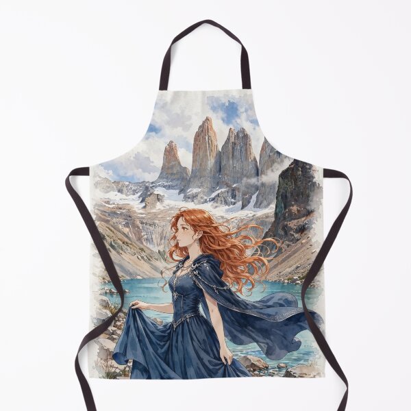 Item preview, Chile Torres del Paine with a Graceful Redhead Traveler in a Flowing Deep Blue Dress, Turquoise Lake and Majestic Patagonian Mountains designed and sold by DibujandoPorfa.
