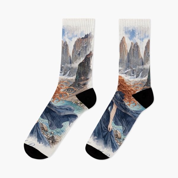 Item preview, Chile Torres del Paine with a Graceful Redhead Traveler in a Flowing Deep Blue Dress, Turquoise Lake and Majestic Patagonian Mountains designed and sold by DibujandoPorfa.