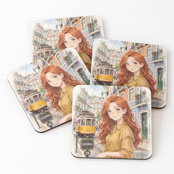 Item preview, Portugal Lisbon with a Charming Redhead Traveler in an Elegant Mustard Dress, Historic Tram Streets and Warm European Cityscape designed and sold by DibujandoPorfa.