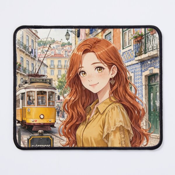 Item preview, Portugal Lisbon with a Charming Redhead Traveler in an Elegant Mustard Dress, Historic Tram Streets and Warm European Cityscape designed and sold by DibujandoPorfa.