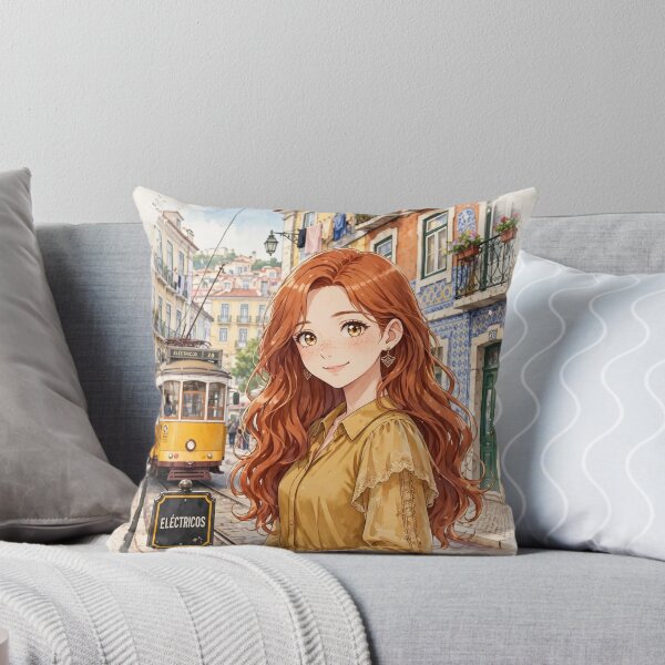 Item preview, Portugal Lisbon with a Charming Redhead Traveler in an Elegant Mustard Dress, Historic Tram Streets and Warm European Cityscape designed and sold by DibujandoPorfa.