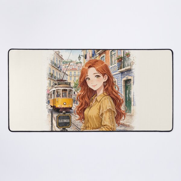 Item preview, Portugal Lisbon with a Charming Redhead Traveler in an Elegant Mustard Dress, Historic Tram Streets and Warm European Cityscape designed and sold by DibujandoPorfa.