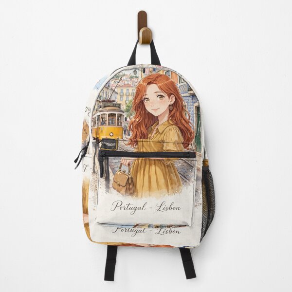 Item preview, Portugal Lisbon with a Charming Redhead Traveler in an Elegant Mustard Dress, Historic Tram Streets and Warm European Cityscape designed and sold by DibujandoPorfa.