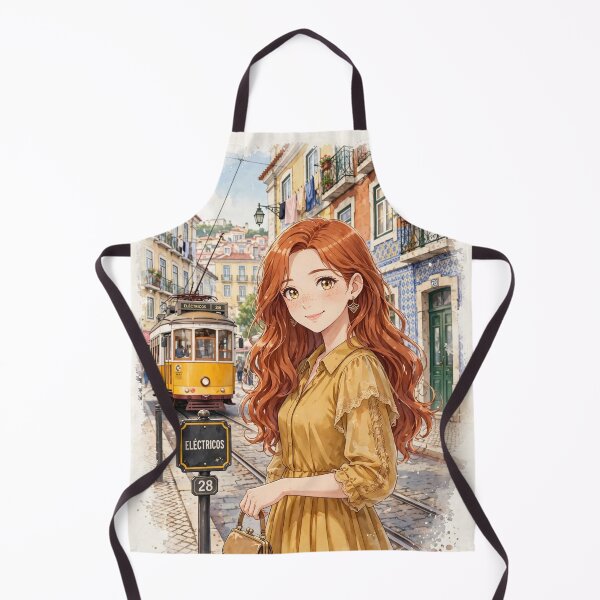 Item preview, Portugal Lisbon with a Charming Redhead Traveler in an Elegant Mustard Dress, Historic Tram Streets and Warm European Cityscape designed and sold by DibujandoPorfa.