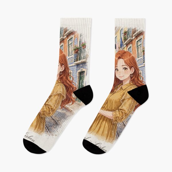 Item preview, Portugal Lisbon with a Charming Redhead Traveler in an Elegant Mustard Dress, Historic Tram Streets and Warm European Cityscape designed and sold by DibujandoPorfa.