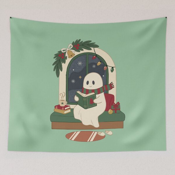 Item preview, Cozy Christmas Ghost Reading Beside a Snowy Window designed and sold by FreshVibe Prints.