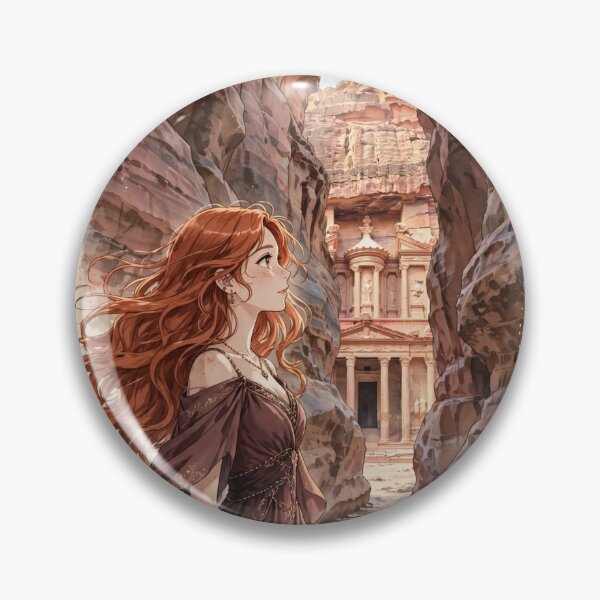 Item preview, Jordan Petra with an Enchanting Redhead Traveler in an Elegant Rose Dress, Ancient Treasury and Magical Rose Desert Landscape designed and sold by DibujandoPorfa.