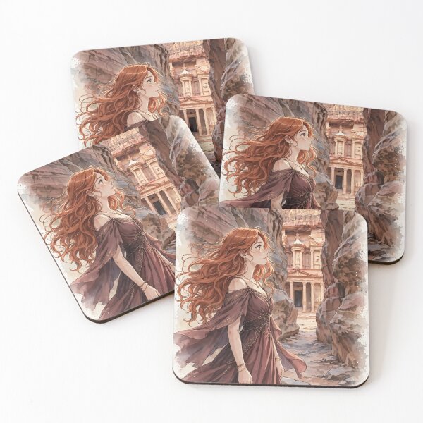 Item preview, Jordan Petra with an Enchanting Redhead Traveler in an Elegant Rose Dress, Ancient Treasury and Magical Rose Desert Landscape designed and sold by DibujandoPorfa.