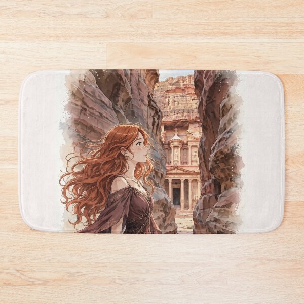 Item preview, Jordan Petra with an Enchanting Redhead Traveler in an Elegant Rose Dress, Ancient Treasury and Magical Rose Desert Landscape designed and sold by DibujandoPorfa.