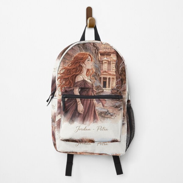 Item preview, Jordan Petra with an Enchanting Redhead Traveler in an Elegant Rose Dress, Ancient Treasury and Magical Rose Desert Landscape designed and sold by DibujandoPorfa.