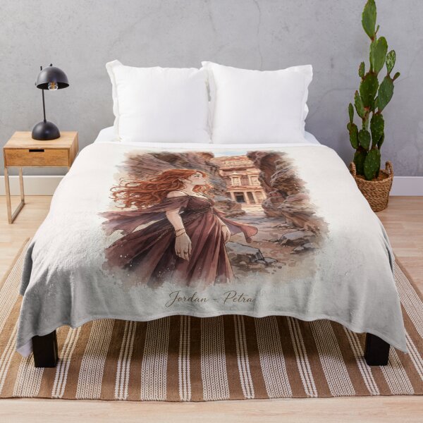 Item preview, Jordan Petra with an Enchanting Redhead Traveler in an Elegant Rose Dress, Ancient Treasury and Magical Rose Desert Landscape designed and sold by DibujandoPorfa.