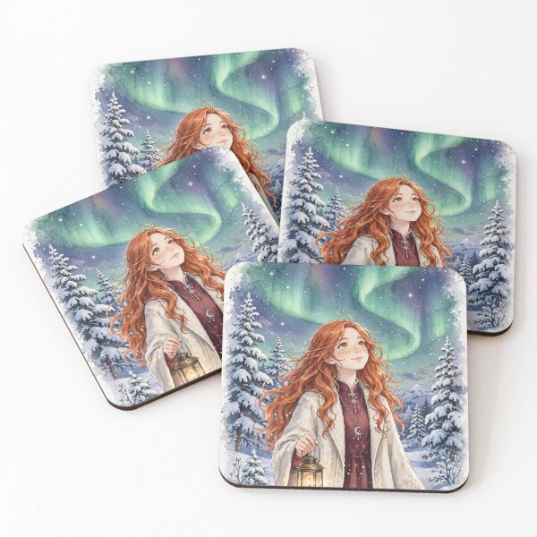 Item preview, Finland Lapland with a Dreamy Redhead Traveler in Elegant Winter Fashion, Northern Lights, Snowy Forest and Magical Arctic Landscape designed and sold by DibujandoPorfa.