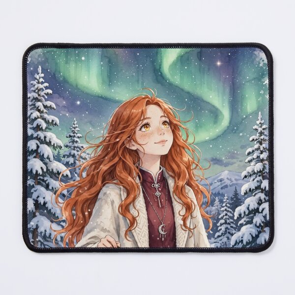 Item preview, Finland Lapland with a Dreamy Redhead Traveler in Elegant Winter Fashion, Northern Lights, Snowy Forest and Magical Arctic Landscape designed and sold by DibujandoPorfa.