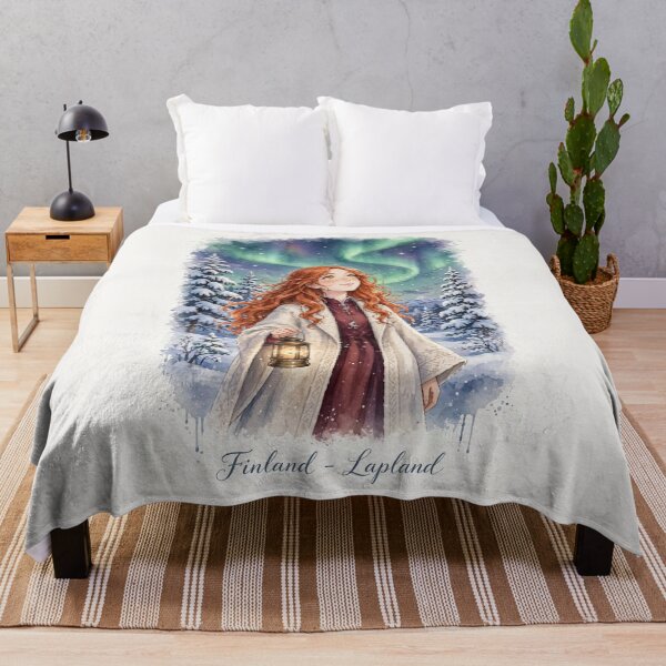 Item preview, Finland Lapland with a Dreamy Redhead Traveler in Elegant Winter Fashion, Northern Lights, Snowy Forest and Magical Arctic Landscape designed and sold by DibujandoPorfa.