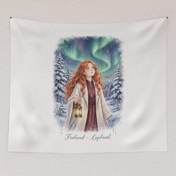 Item preview, Finland Lapland with a Dreamy Redhead Traveler in Elegant Winter Fashion, Northern Lights, Snowy Forest and Magical Arctic Landscape designed and sold by DibujandoPorfa.