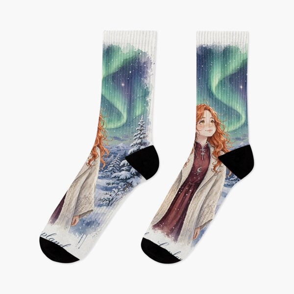 Item preview, Finland Lapland with a Dreamy Redhead Traveler in Elegant Winter Fashion, Northern Lights, Snowy Forest and Magical Arctic Landscape designed and sold by DibujandoPorfa.