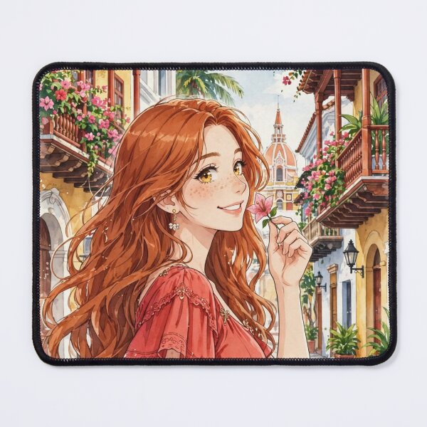 Item preview, Colombia Cartagena with a Radiant Redhead Traveler in a Vibrant Coral Dress, Colorful Colonial Streets and Romantic Caribbean Cityscape designed and sold by DibujandoPorfa.