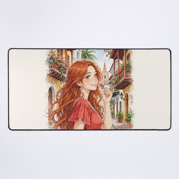Item preview, Colombia Cartagena with a Radiant Redhead Traveler in a Vibrant Coral Dress, Colorful Colonial Streets and Romantic Caribbean Cityscape designed and sold by DibujandoPorfa.