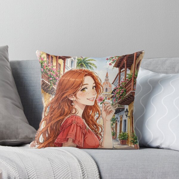 Item preview, Colombia Cartagena with a Radiant Redhead Traveler in a Vibrant Coral Dress, Colorful Colonial Streets and Romantic Caribbean Cityscape designed and sold by DibujandoPorfa.