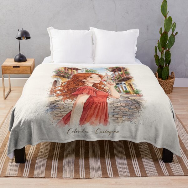 Item preview, Colombia Cartagena with a Radiant Redhead Traveler in a Vibrant Coral Dress, Colorful Colonial Streets and Romantic Caribbean Cityscape designed and sold by DibujandoPorfa.