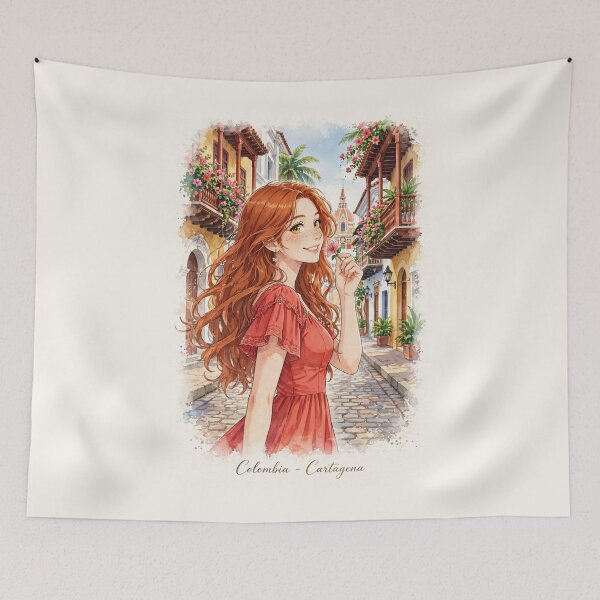 Item preview, Colombia Cartagena with a Radiant Redhead Traveler in a Vibrant Coral Dress, Colorful Colonial Streets and Romantic Caribbean Cityscape designed and sold by DibujandoPorfa.