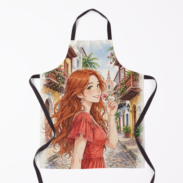 Item preview, Colombia Cartagena with a Radiant Redhead Traveler in a Vibrant Coral Dress, Colorful Colonial Streets and Romantic Caribbean Cityscape designed and sold by DibujandoPorfa.