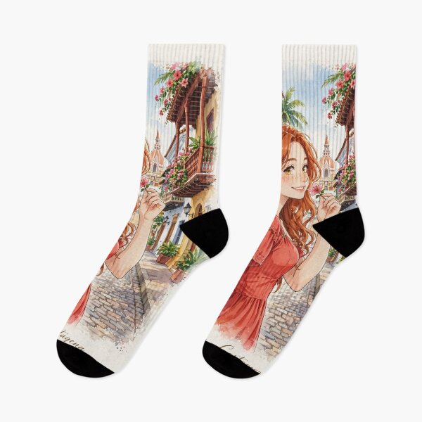 Item preview, Colombia Cartagena with a Radiant Redhead Traveler in a Vibrant Coral Dress, Colorful Colonial Streets and Romantic Caribbean Cityscape designed and sold by DibujandoPorfa.
