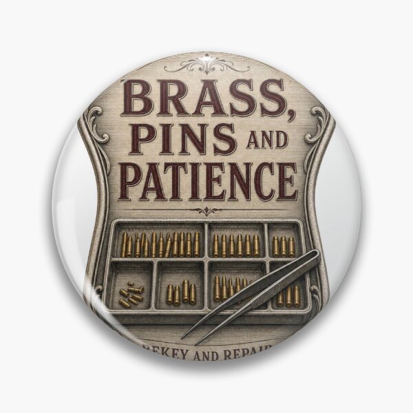 Artikelvorschau, Brass Pins And Patience Umschliessen Werkbank Emblem entworfen und verkauft von BoosterShop.