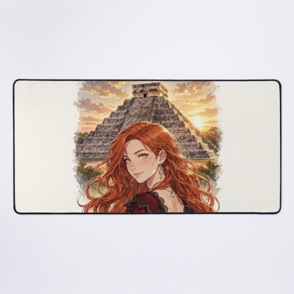 Item preview, Mexico Chichen Itza with an Enchanting Redhead Traveler in an Elegant Gothic Red Dress, Ancient Mayan Ruins and Majestic Golden Sunset Landscape designed and sold by DibujandoPorfa.