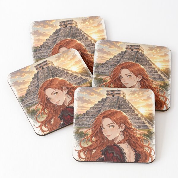 Item preview, Mexico Chichen Itza with an Enchanting Redhead Traveler in an Elegant Gothic Red Dress, Ancient Mayan Ruins and Majestic Golden Sunset Landscape designed and sold by DibujandoPorfa.