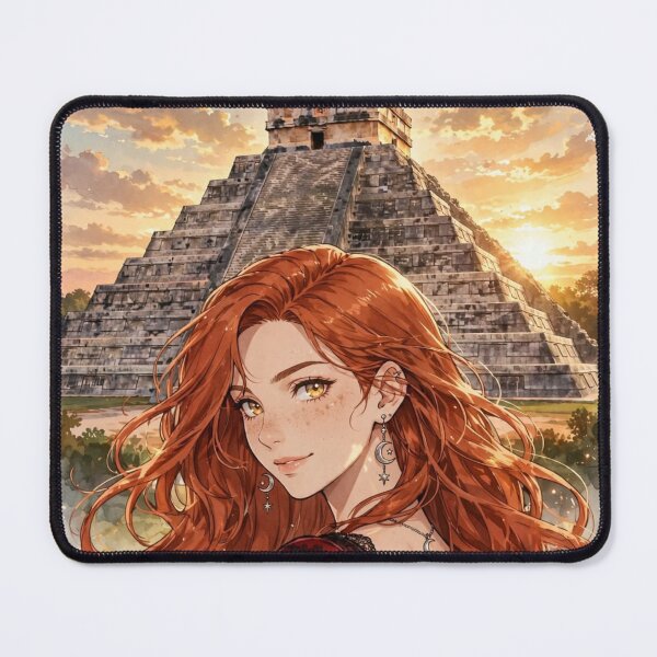 Item preview, Mexico Chichen Itza with an Enchanting Redhead Traveler in an Elegant Gothic Red Dress, Ancient Mayan Ruins and Majestic Golden Sunset Landscape designed and sold by DibujandoPorfa.