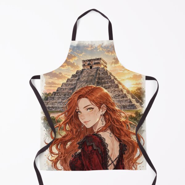 Item preview, Mexico Chichen Itza with an Enchanting Redhead Traveler in an Elegant Gothic Red Dress, Ancient Mayan Ruins and Majestic Golden Sunset Landscape designed and sold by DibujandoPorfa.