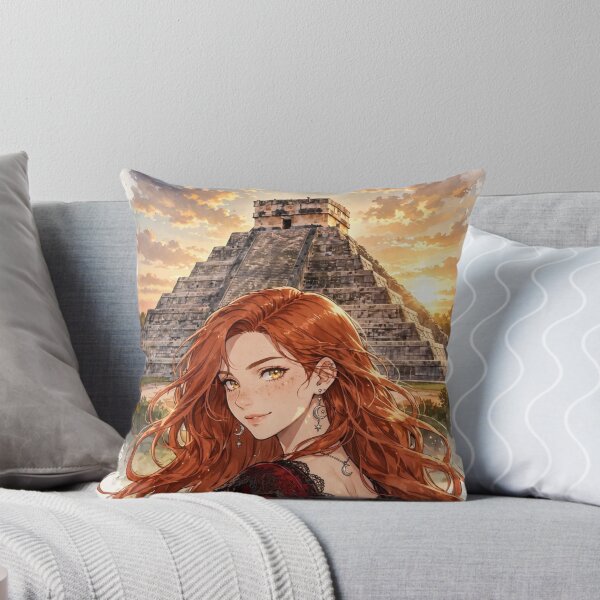 Item preview, Mexico Chichen Itza with an Enchanting Redhead Traveler in an Elegant Gothic Red Dress, Ancient Mayan Ruins and Majestic Golden Sunset Landscape designed and sold by DibujandoPorfa.
