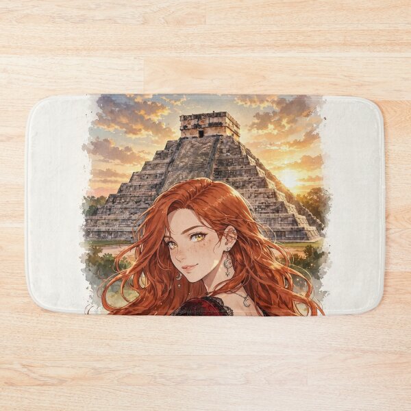 Item preview, Mexico Chichen Itza with an Enchanting Redhead Traveler in an Elegant Gothic Red Dress, Ancient Mayan Ruins and Majestic Golden Sunset Landscape designed and sold by DibujandoPorfa.