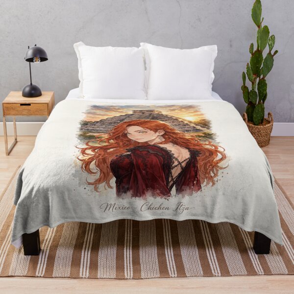 Item preview, Mexico Chichen Itza with an Enchanting Redhead Traveler in an Elegant Gothic Red Dress, Ancient Mayan Ruins and Majestic Golden Sunset Landscape designed and sold by DibujandoPorfa.