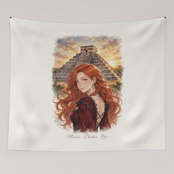 Item preview, Mexico Chichen Itza with an Enchanting Redhead Traveler in an Elegant Gothic Red Dress, Ancient Mayan Ruins and Majestic Golden Sunset Landscape designed and sold by DibujandoPorfa.