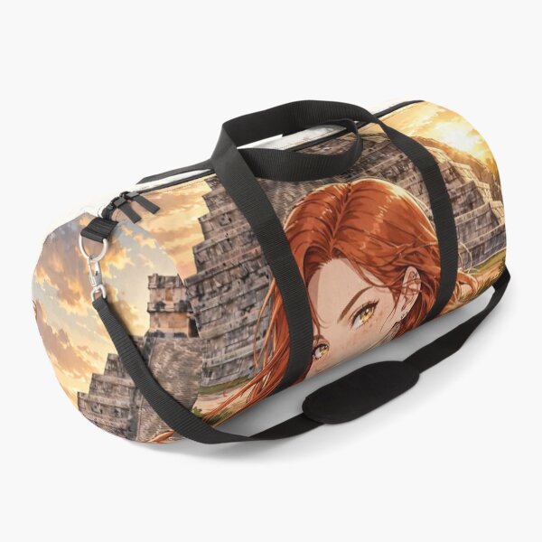 Item preview, Mexico Chichen Itza with an Enchanting Redhead Traveler in an Elegant Gothic Red Dress, Ancient Mayan Ruins and Majestic Golden Sunset Landscape designed and sold by DibujandoPorfa.