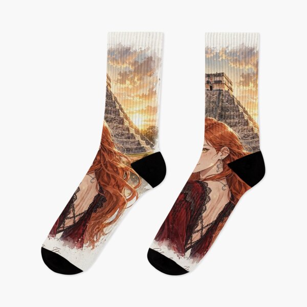 Item preview, Mexico Chichen Itza with an Enchanting Redhead Traveler in an Elegant Gothic Red Dress, Ancient Mayan Ruins and Majestic Golden Sunset Landscape designed and sold by DibujandoPorfa.