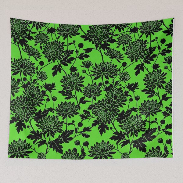 Item preview, Black Chrysanthemum Floral Pattern Neon Green designed and sold by Owcomm.