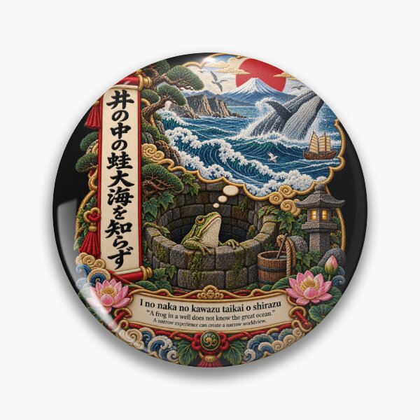 Item preview, Japanese Frog Proverb Art – I no Naka no Kawazu Embroidery Design designed and sold by Emoji Emblems.