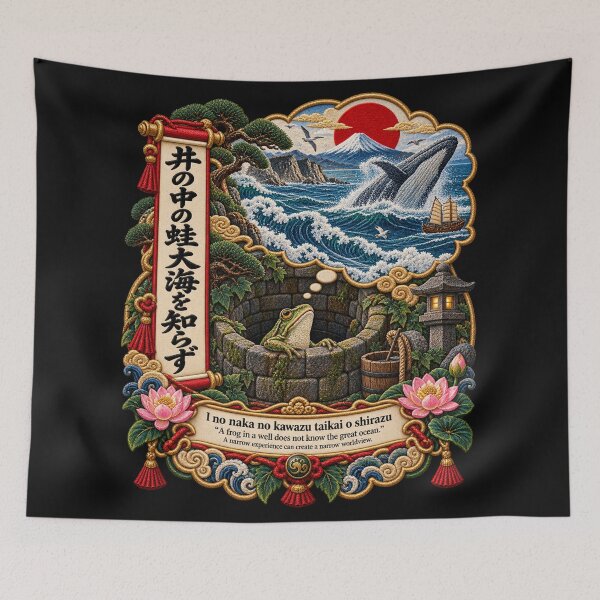 Item preview, Japanese Frog Proverb Art – I no Naka no Kawazu Embroidery Design designed and sold by Emoji Emblems.