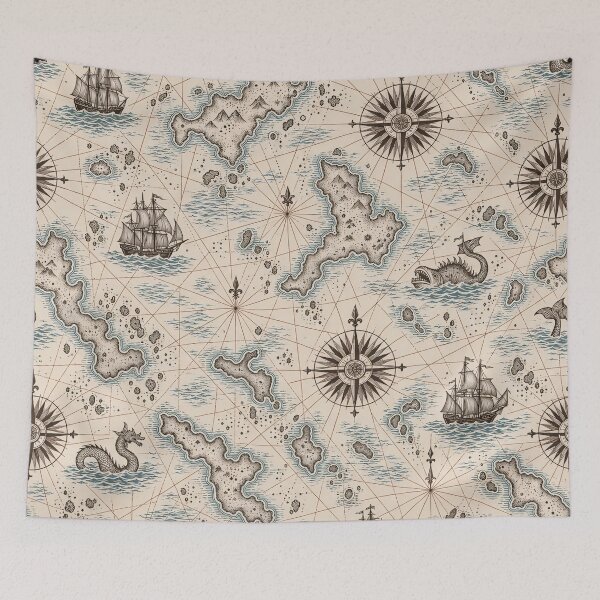 Item preview, Antique Cartography Repeat Compass Roses Rhumb Lines and Sea Monsters | Map Print designed and sold by StickyGuys.