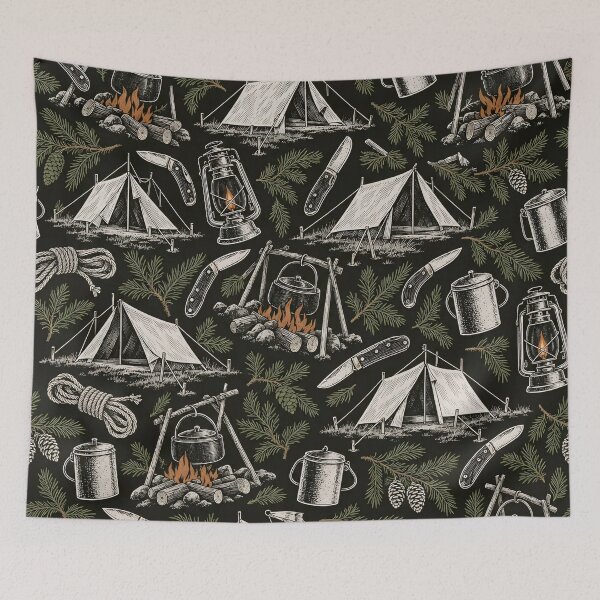 Item preview, Camp Gear Toile Ridge Tents Lanterns and Billy Cans | Camping Repeat Print designed and sold by StickyGuys.