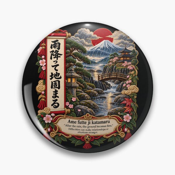 Item preview, Japanese Proverb Art – Ame Futte Ji Katamaru Rain Embroidery Design designed and sold by Emoji Emblems.