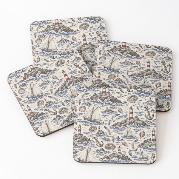 Item preview, Lighthouse and Coast Toile Sailboats Anchors and Gulls | Nautical Repeat Print designed and sold by StickyGuys.