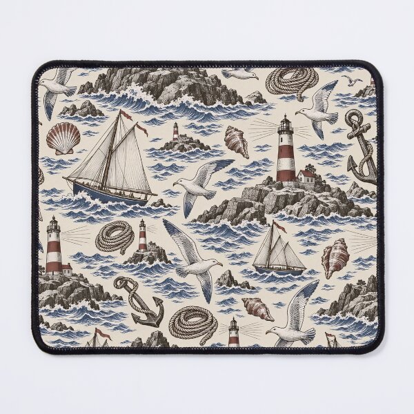Item preview, Lighthouse and Coast Toile Sailboats Anchors and Gulls | Nautical Repeat Print designed and sold by StickyGuys.