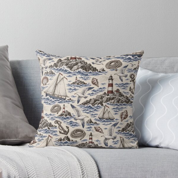 Item preview, Lighthouse and Coast Toile Sailboats Anchors and Gulls | Nautical Repeat Print designed and sold by StickyGuys.