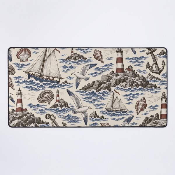 Item preview, Lighthouse and Coast Toile Sailboats Anchors and Gulls | Nautical Repeat Print designed and sold by StickyGuys.