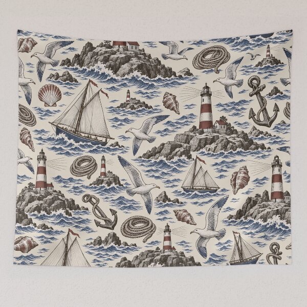 Item preview, Lighthouse and Coast Toile Sailboats Anchors and Gulls | Nautical Repeat Print designed and sold by StickyGuys.